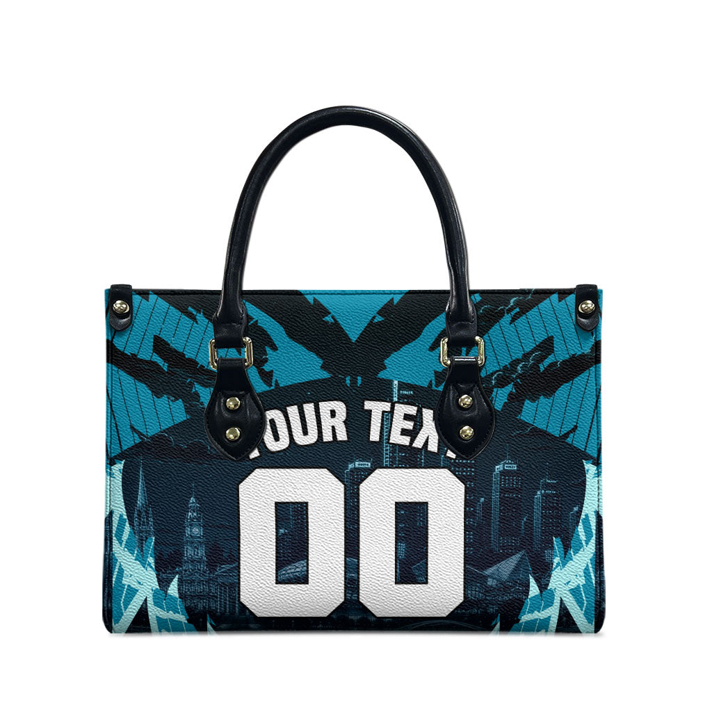 Personalised Port Adelaide Power Football Leather Bag Teal Lightning Mascot Charging Cityscape