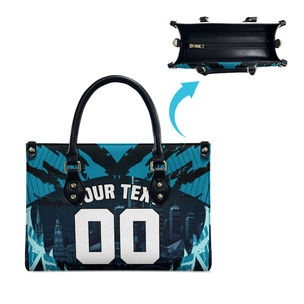 Personalised Port Adelaide Power Football Leather Bag Teal Lightning Mascot Charging Cityscape