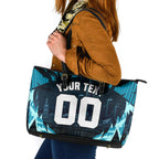 Personalised Port Adelaide Power Football Leather Tote Bag Teal Lightning Mascot Charging Cityscape
