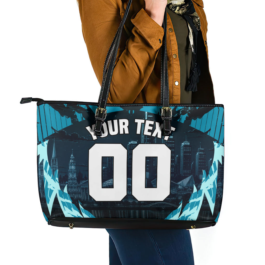 Personalised Port Adelaide Power Football Leather Tote Bag Teal Lightning Mascot Charging Cityscape