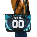 Personalised Port Adelaide Power Football Leather Tote Bag Teal Lightning Mascot Charging Cityscape