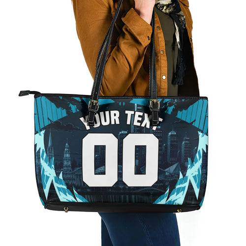 Personalised Port Adelaide Power Football Leather Tote Bag Teal Lightning Mascot Charging Cityscape