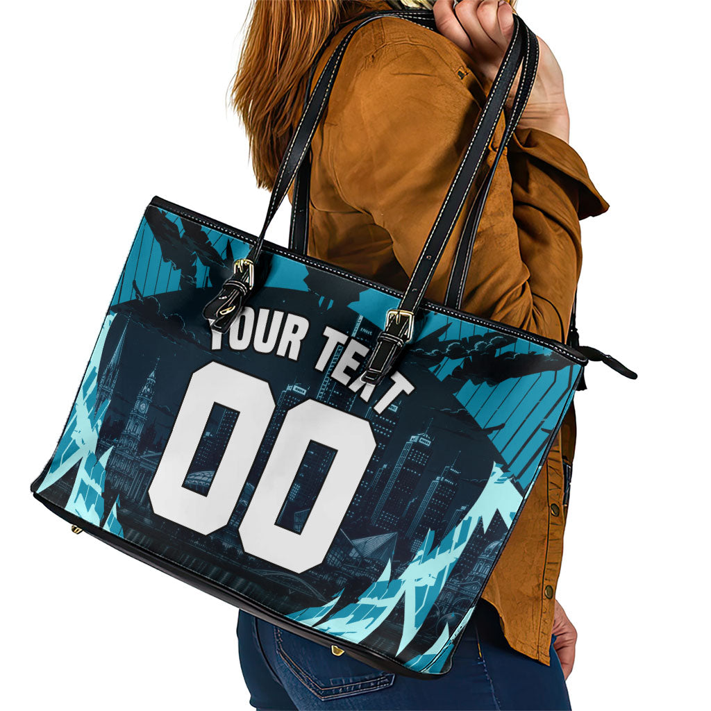 Personalised Port Adelaide Power Football Leather Tote Bag Teal Lightning Mascot Charging Cityscape