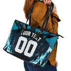 Personalised Port Adelaide Power Football Leather Tote Bag Teal Lightning Mascot Charging Cityscape