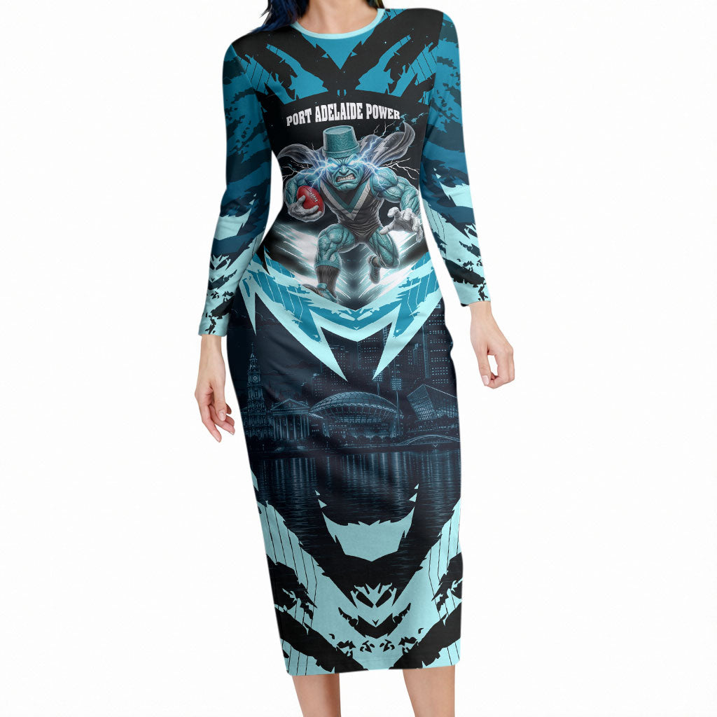 Personalised Port Adelaide Power Football Long Sleeve Bodycon Dress Teal Lightning Mascot Charging Cityscape