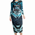 Personalised Port Adelaide Power Football Long Sleeve Bodycon Dress Teal Lightning Mascot Charging Cityscape