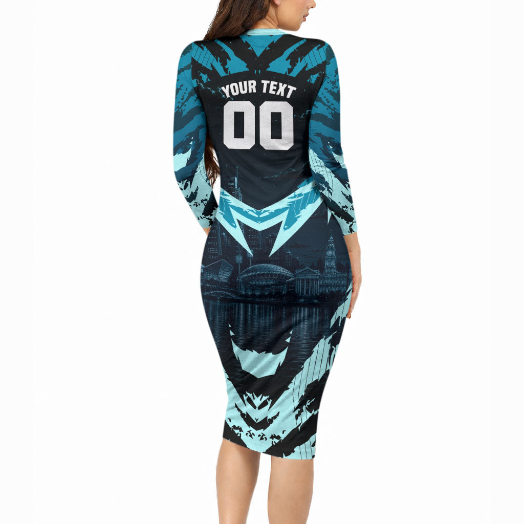 Personalised Port Adelaide Power Football Long Sleeve Bodycon Dress Teal Lightning Mascot Charging Cityscape
