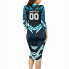 Personalised Port Adelaide Power Football Long Sleeve Bodycon Dress Teal Lightning Mascot Charging Cityscape