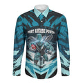 Personalised Port Adelaide Power Football Long Sleeve Button Shirt Teal Lightning Mascot Charging Cityscape
