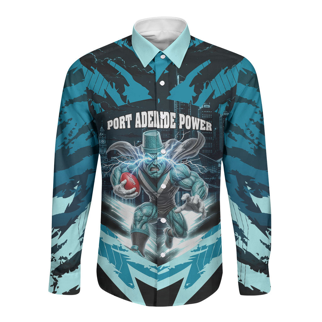 Personalised Port Adelaide Power Football Long Sleeve Button Shirt Teal Lightning Mascot Charging Cityscape