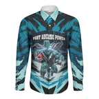 Personalised Port Adelaide Power Football Long Sleeve Button Shirt Teal Lightning Mascot Charging Cityscape