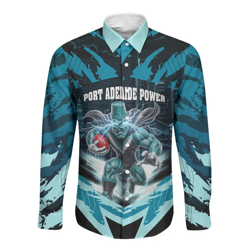 Personalised Port Adelaide Power Football Long Sleeve Button Shirt Teal Lightning Mascot Charging Cityscape