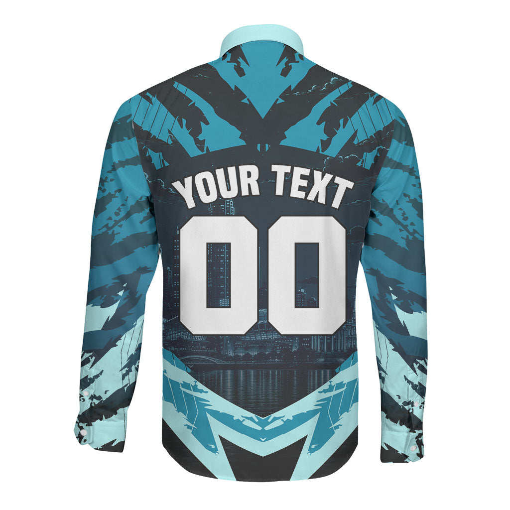 Personalised Port Adelaide Power Football Long Sleeve Button Shirt Teal Lightning Mascot Charging Cityscape