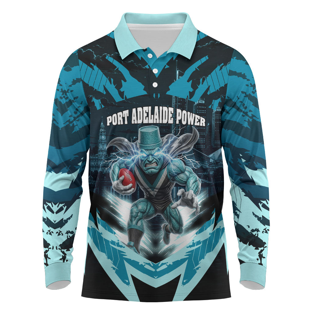Personalised Port Adelaide Power Football Long Sleeve Polo Shirt Teal Lightning Mascot Charging Cityscape