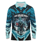 Personalised Port Adelaide Power Football Long Sleeve Polo Shirt Teal Lightning Mascot Charging Cityscape