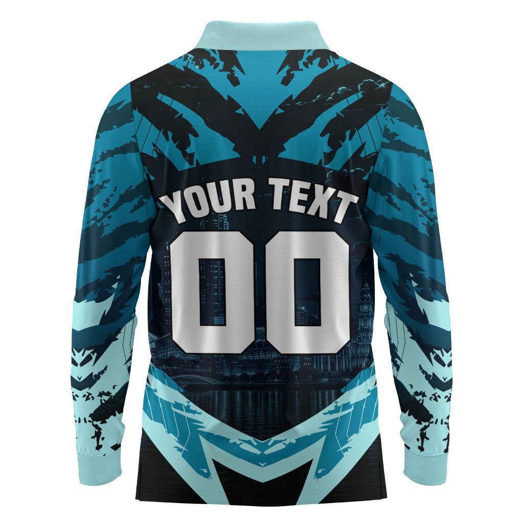 Personalised Port Adelaide Power Football Long Sleeve Polo Shirt Teal Lightning Mascot Charging Cityscape