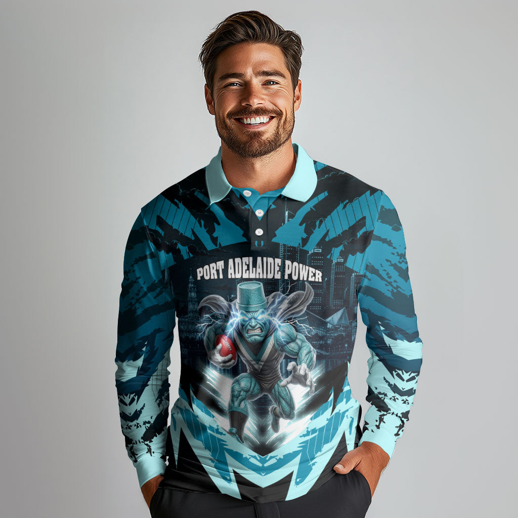 Personalised Port Adelaide Power Football Long Sleeve Polo Shirt Teal Lightning Mascot Charging Cityscape