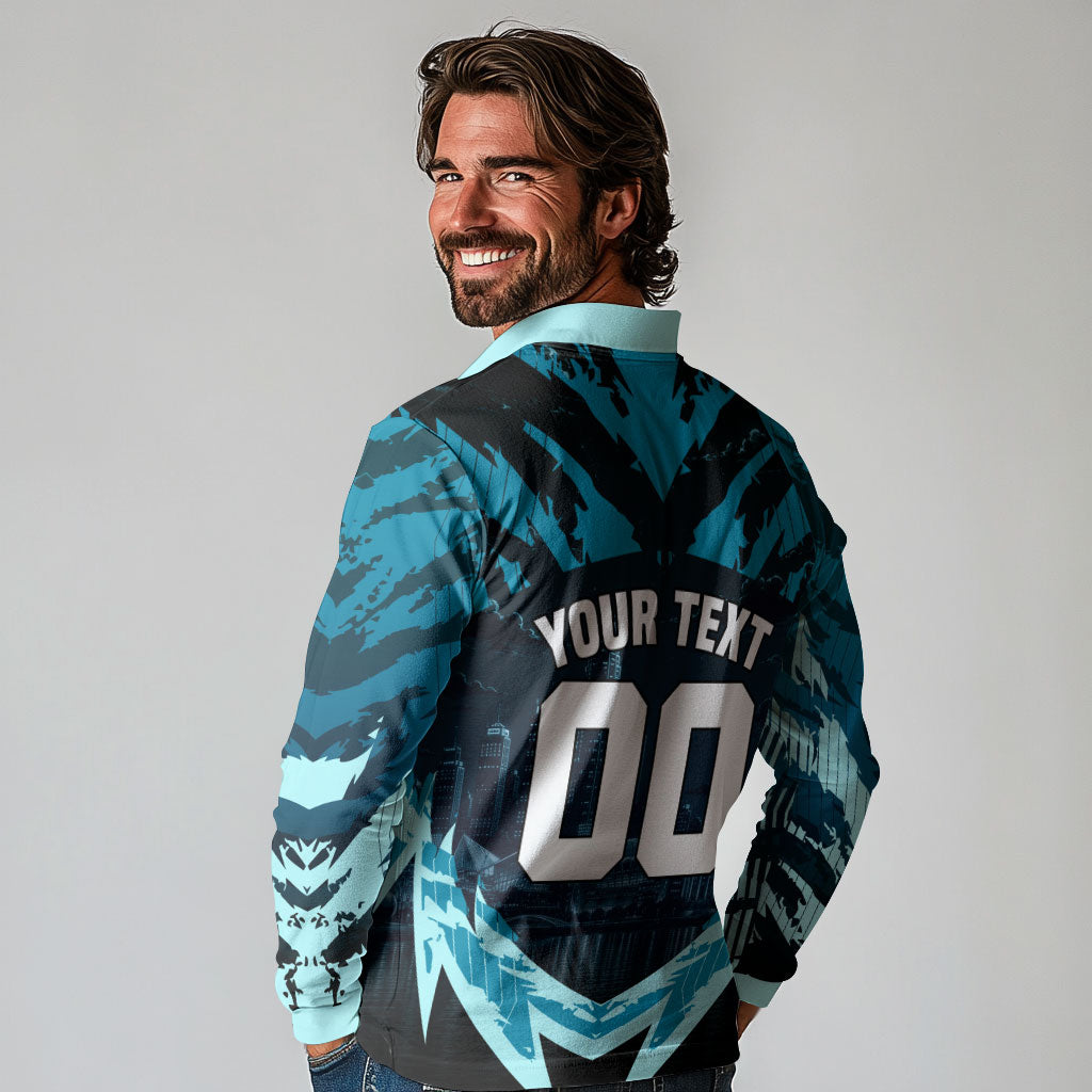 Personalised Port Adelaide Power Football Long Sleeve Polo Shirt Teal Lightning Mascot Charging Cityscape