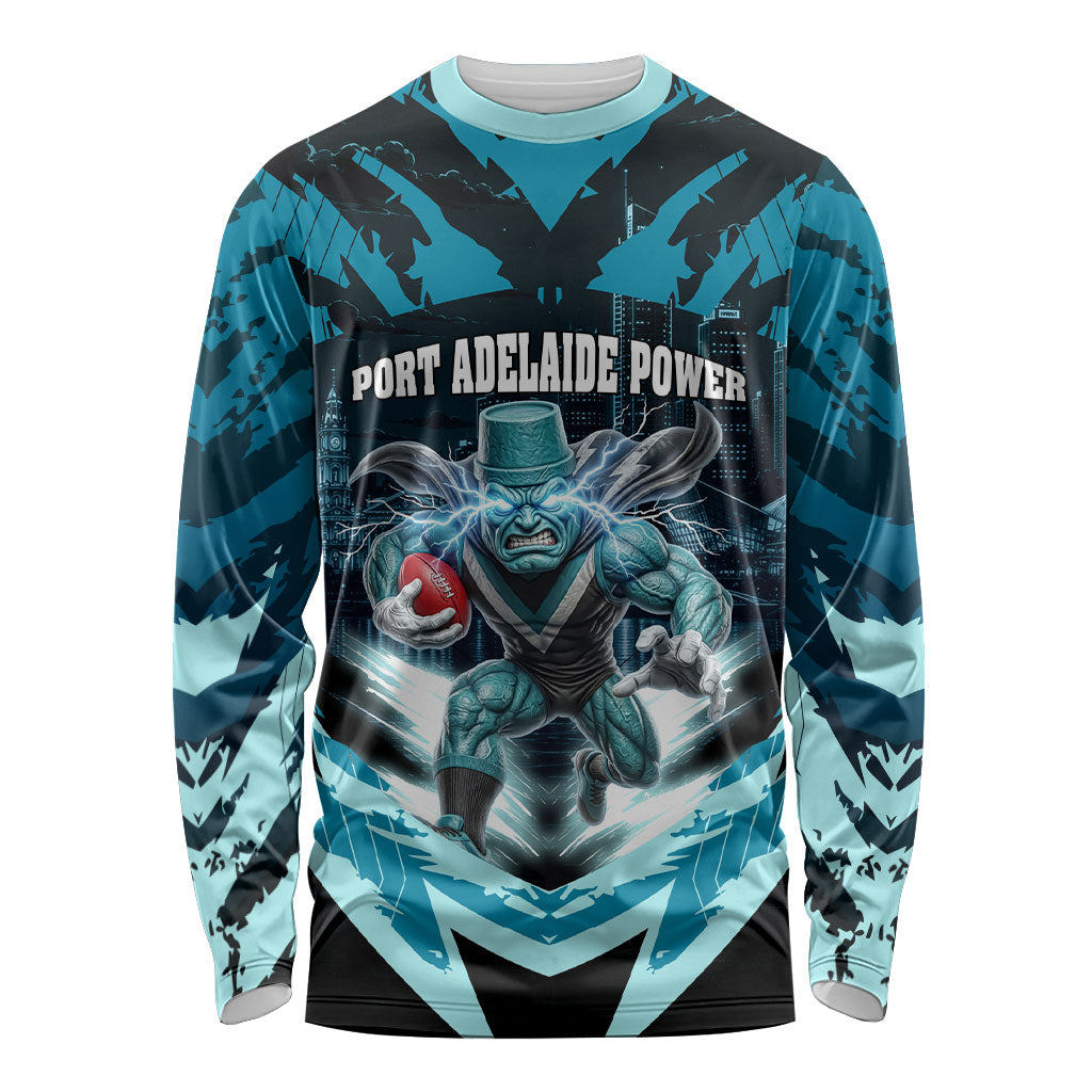 Personalised Port Adelaide Power Football Long Sleeve Shirt Teal Lightning Mascot Charging Cityscape