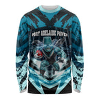 Personalised Port Adelaide Power Football Long Sleeve Shirt Teal Lightning Mascot Charging Cityscape