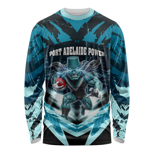 Personalised Port Adelaide Power Football Long Sleeve Shirt Teal Lightning Mascot Charging Cityscape