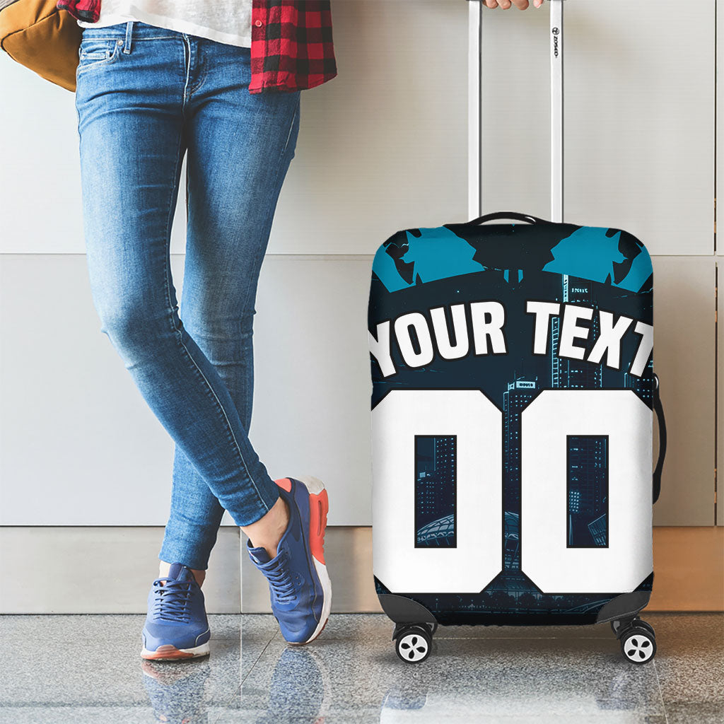 Personalised Port Adelaide Power Football Luggage Cover Teal Lightning Mascot Charging Cityscape