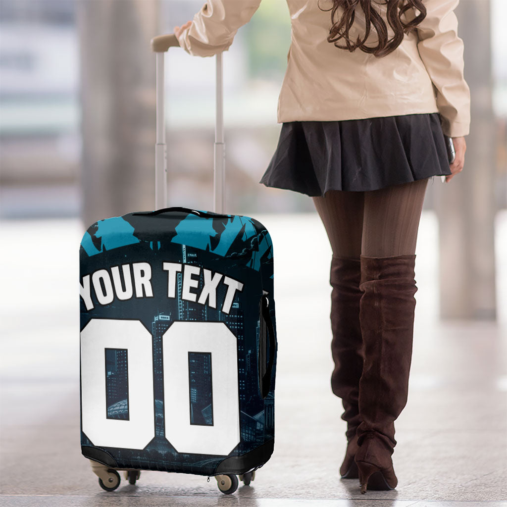 Personalised Port Adelaide Power Football Luggage Cover Teal Lightning Mascot Charging Cityscape