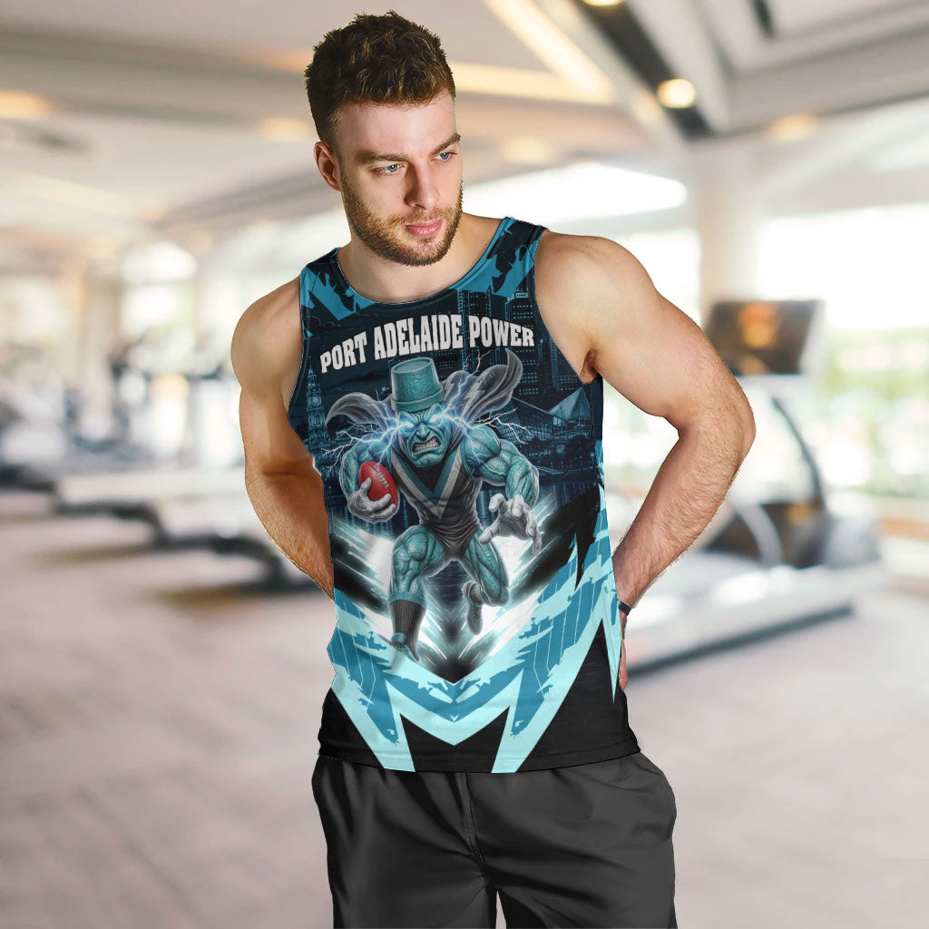 Personalised Port Adelaide Power Football Men Tank Top Teal Lightning Mascot Charging Cityscape