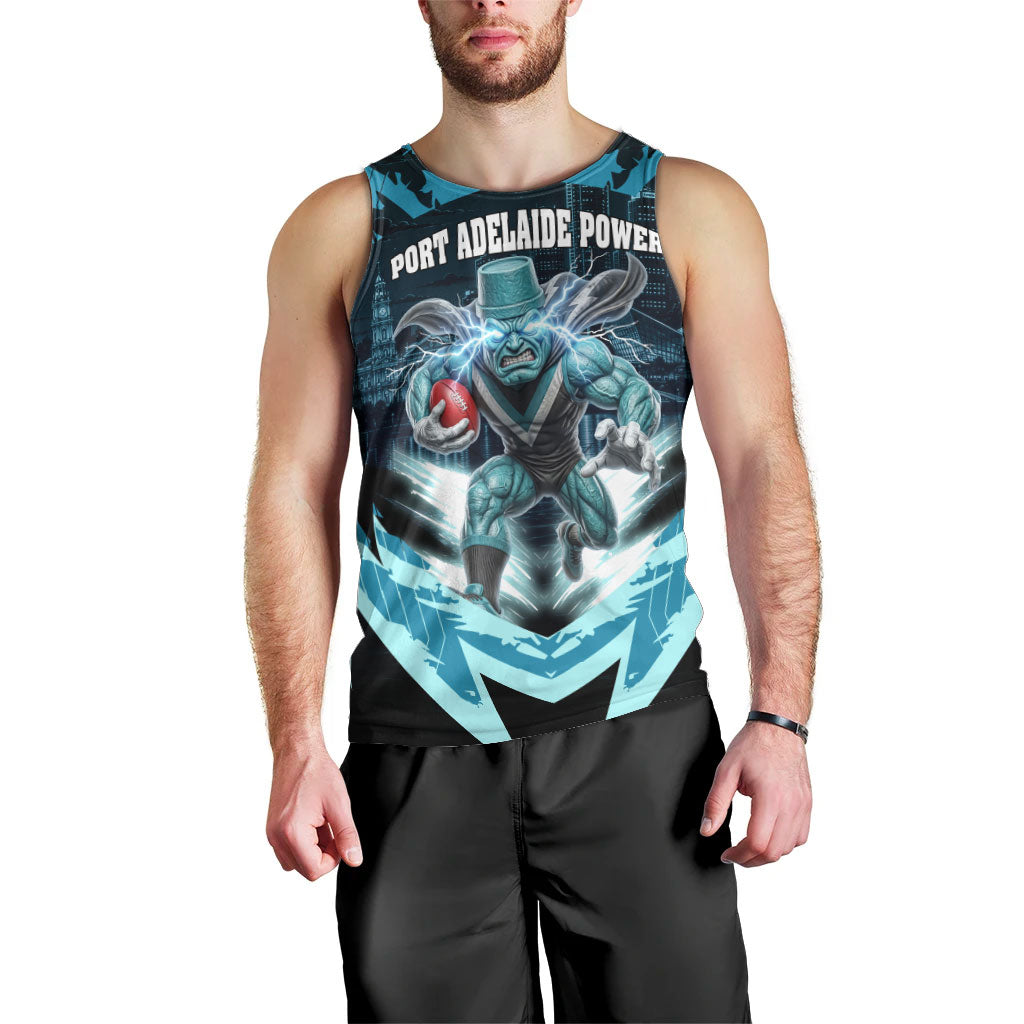 Personalised Port Adelaide Power Football Men Tank Top Teal Lightning Mascot Charging Cityscape