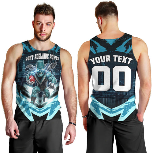 Personalised Port Adelaide Power Football Men Tank Top Teal Lightning Mascot Charging Cityscape