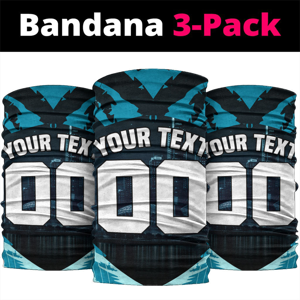 Personalised Port Adelaide Power Football Neck Gaiter Teal Lightning Mascot Charging Cityscape