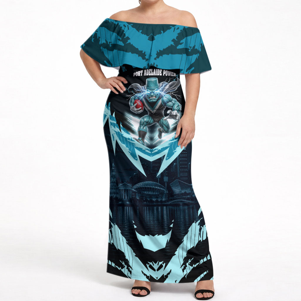 Personalised Port Adelaide Power Football Off Shoulder Maxi Dress Teal Lightning Mascot Charging Cityscape