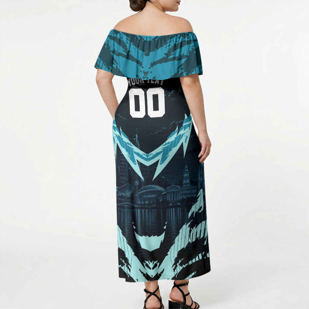 Personalised Port Adelaide Power Football Off Shoulder Maxi Dress Teal Lightning Mascot Charging Cityscape
