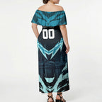 Personalised Port Adelaide Power Football Off Shoulder Maxi Dress Teal Lightning Mascot Charging Cityscape
