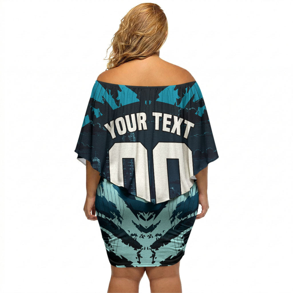 Personalised Port Adelaide Power Football Off Shoulder Short Dress Teal Lightning Mascot Charging Cityscape
