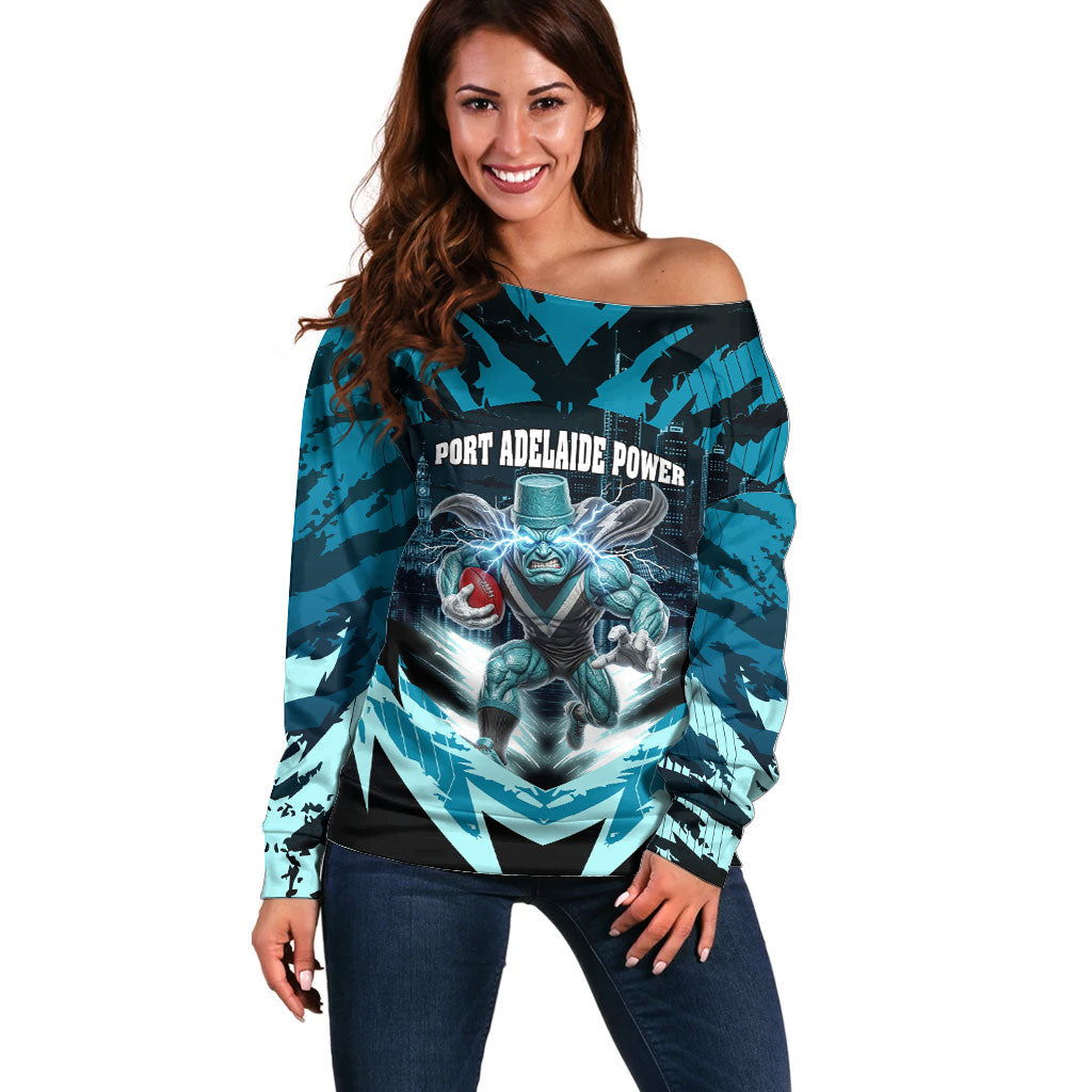 Personalised Port Adelaide Power Football Off Shoulder Sweater Teal Lightning Mascot Charging Cityscape