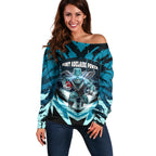 Personalised Port Adelaide Power Football Off Shoulder Sweater Teal Lightning Mascot Charging Cityscape