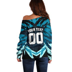 Personalised Port Adelaide Power Football Off Shoulder Sweater Teal Lightning Mascot Charging Cityscape