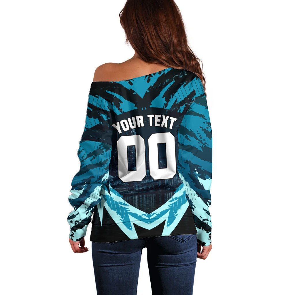 Personalised Port Adelaide Power Football Off Shoulder Sweater Teal Lightning Mascot Charging Cityscape