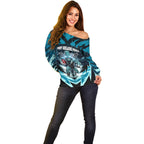 Personalised Port Adelaide Power Football Off Shoulder Sweater Teal Lightning Mascot Charging Cityscape