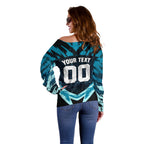 Personalised Port Adelaide Power Football Off Shoulder Sweater Teal Lightning Mascot Charging Cityscape