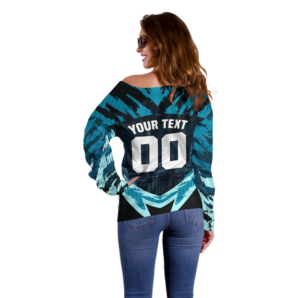 Personalised Port Adelaide Power Football Off Shoulder Sweater Teal Lightning Mascot Charging Cityscape