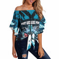 Personalised Port Adelaide Power Football Off Shoulder Wrap Waist Top Teal Lightning Mascot Charging Cityscape