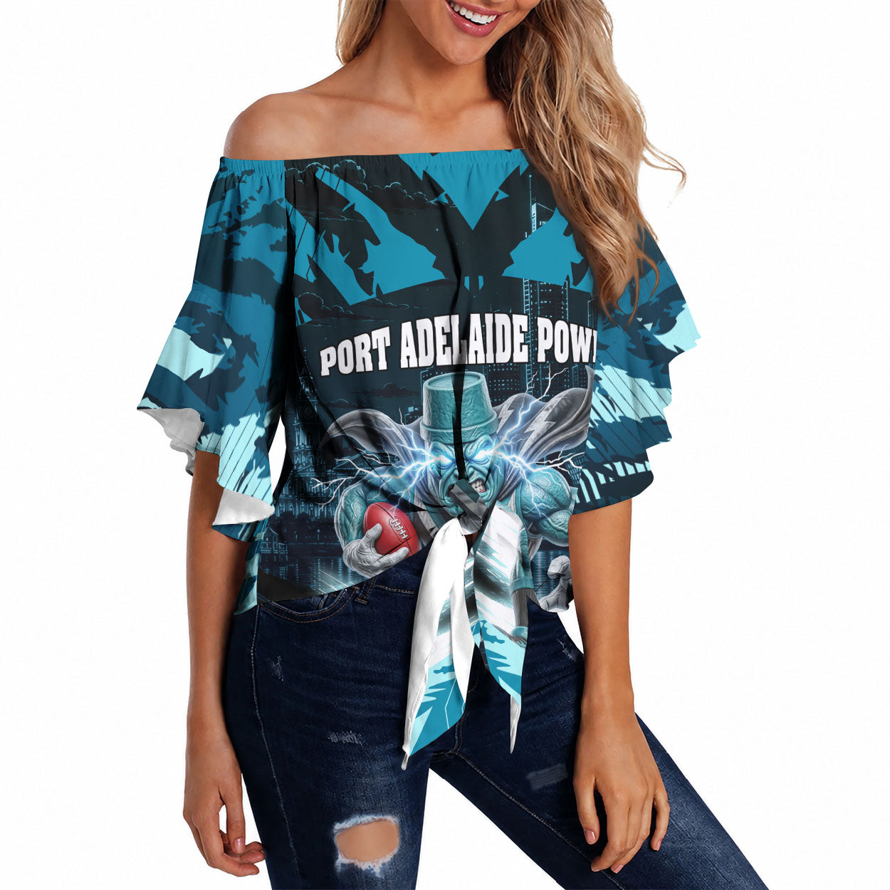 Personalised Port Adelaide Power Football Off Shoulder Wrap Waist Top Teal Lightning Mascot Charging Cityscape