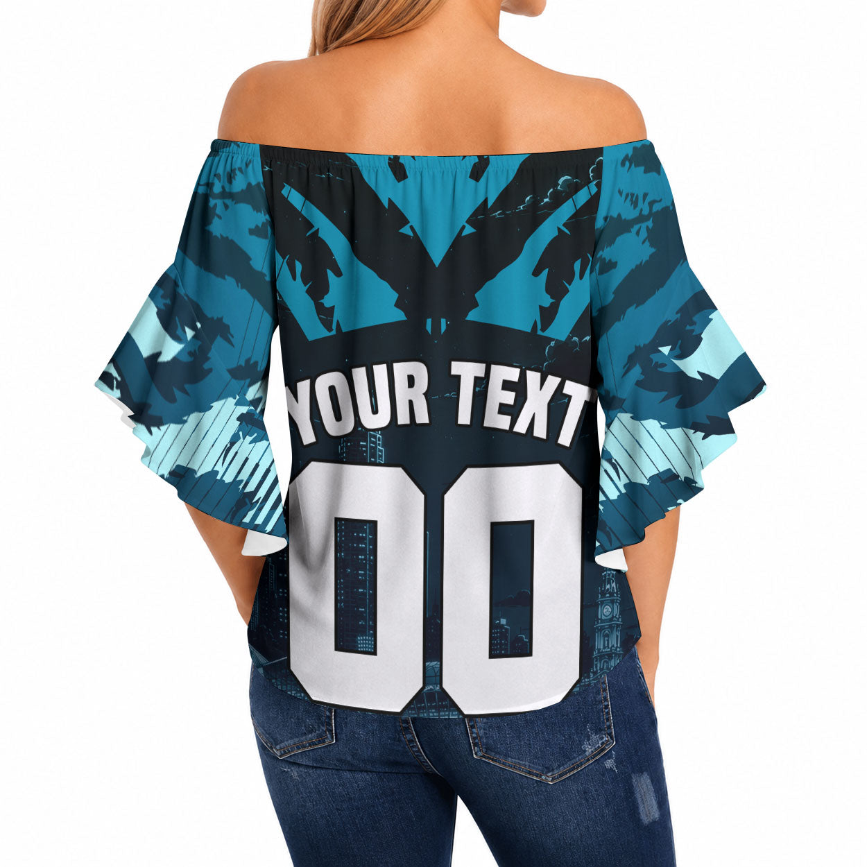 Personalised Port Adelaide Power Football Off Shoulder Wrap Waist Top Teal Lightning Mascot Charging Cityscape