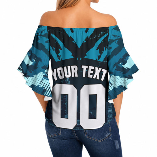 Personalised Port Adelaide Power Football Off Shoulder Wrap Waist Top Teal Lightning Mascot Charging Cityscape