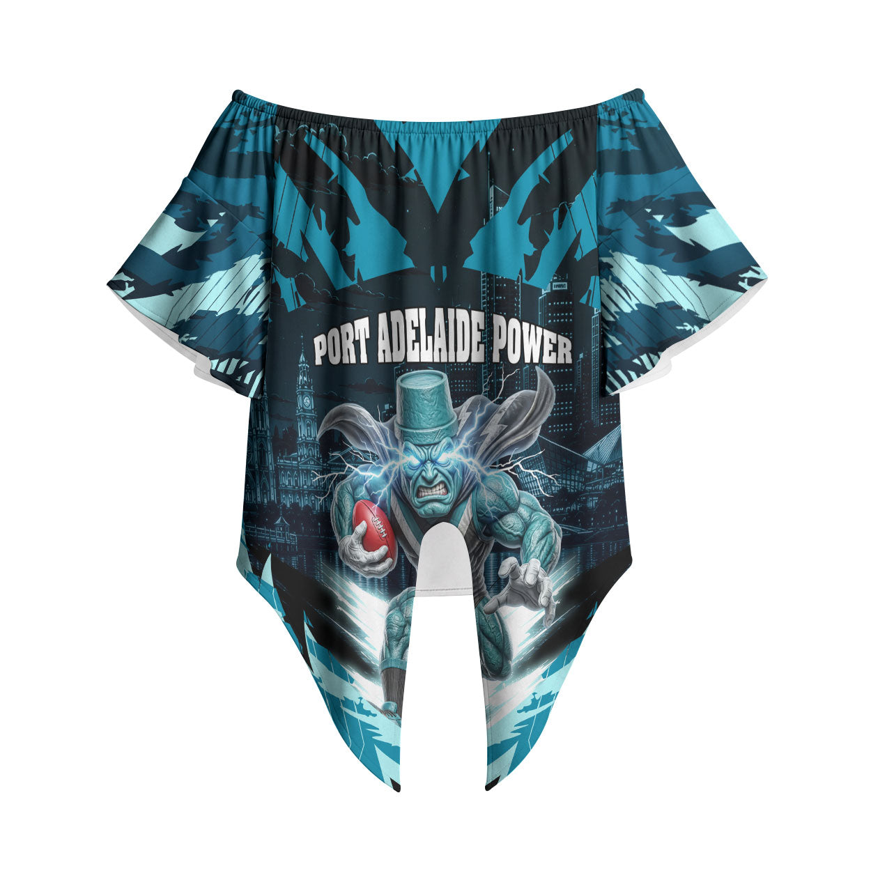 Personalised Port Adelaide Power Football Off Shoulder Wrap Waist Top Teal Lightning Mascot Charging Cityscape