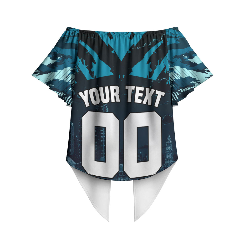 Personalised Port Adelaide Power Football Off Shoulder Wrap Waist Top Teal Lightning Mascot Charging Cityscape