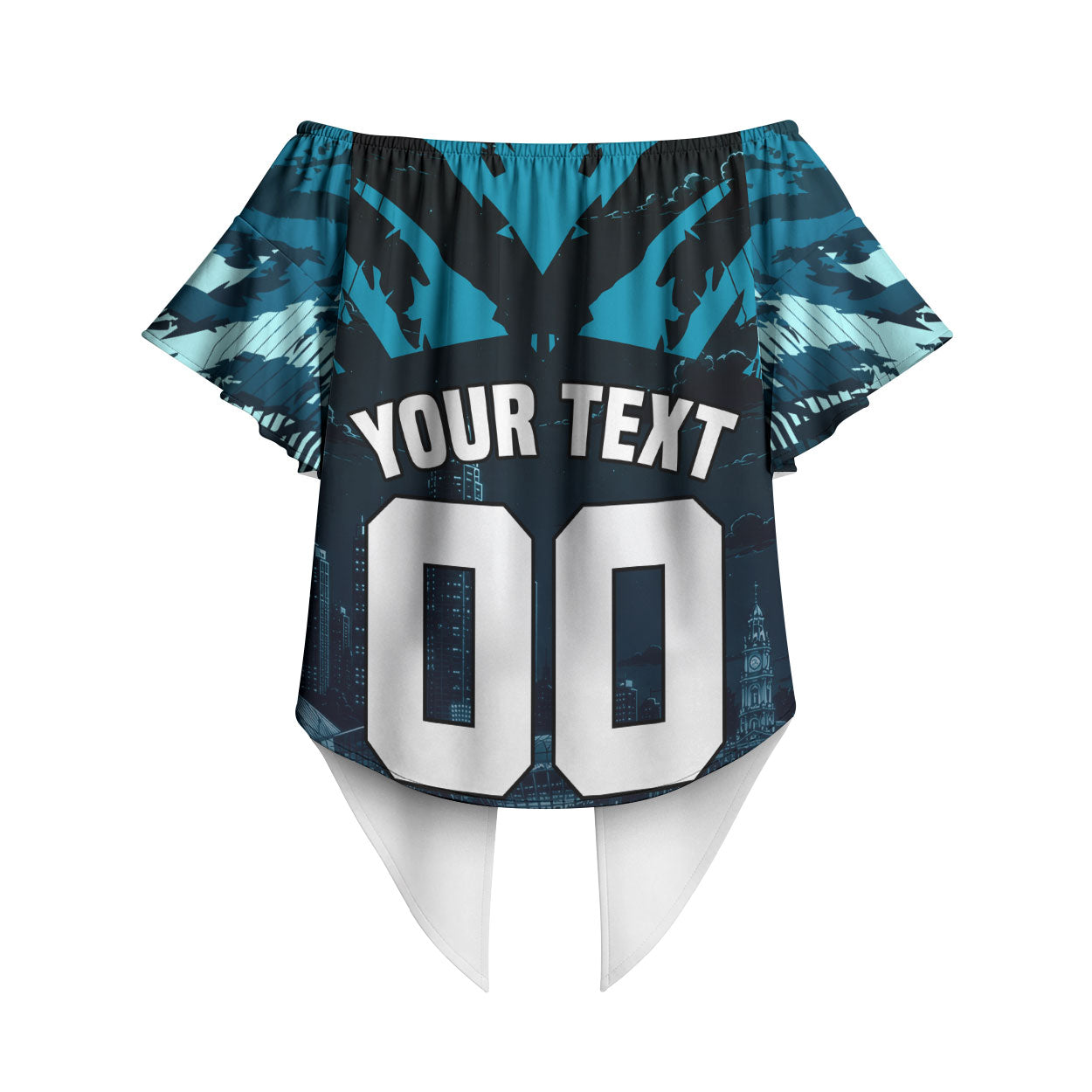 Personalised Port Adelaide Power Football Off Shoulder Wrap Waist Top Teal Lightning Mascot Charging Cityscape