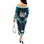 Personalised Port Adelaide Power Football Off The Shoulder Long Sleeve Dress Teal Lightning Mascot Charging Cityscape